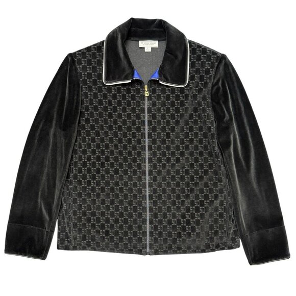 Y2K St. John Sport‎ Marie Gray Black Impressed Logo Velour Jacket Rich Mobwife - Picture 1 of 12